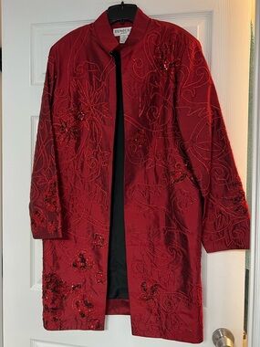 Unique Red Embroidered Long Trench Coat by Tungmo